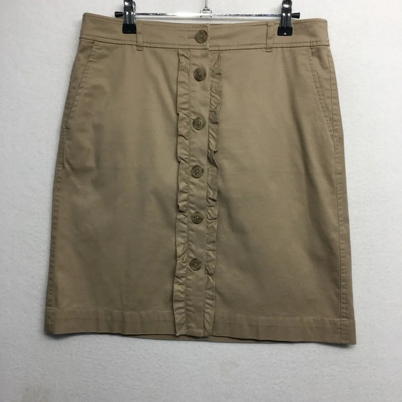 Talbots Button Ruffle Front MIDI Skirt Tan 6 Pockets Cotton Stretch - Picture 1 of 6